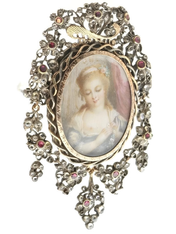Romantic brooch pendant with painted miniature on ivory and paste stones (image 3 of 9)